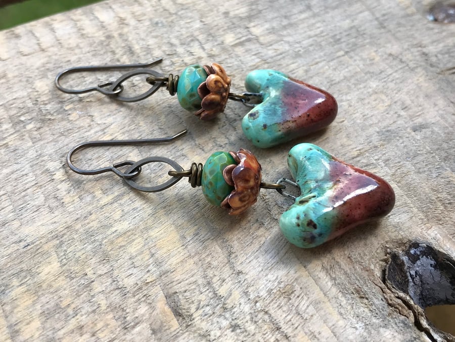 Artisan Ceramic Heart Earrings. Rustic Turquoise & Brown Earrings. Boho Earrings