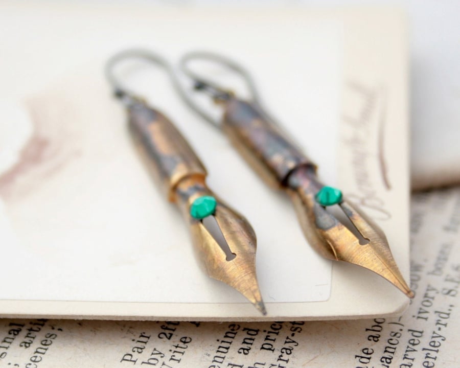 Teachers Gift Vintage Pen Dangle Earrings, Dark Academia Gold Tone Earrings
