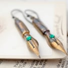 Teachers Gift Vintage Pen Dangle Earrings, Dark Academia Gold Tone Earrings
