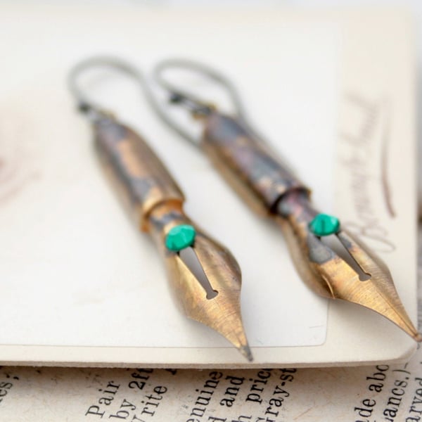 Teachers Gift Vintage Pen Dangle Earrings, Dark Academia Gold Tone Earrings