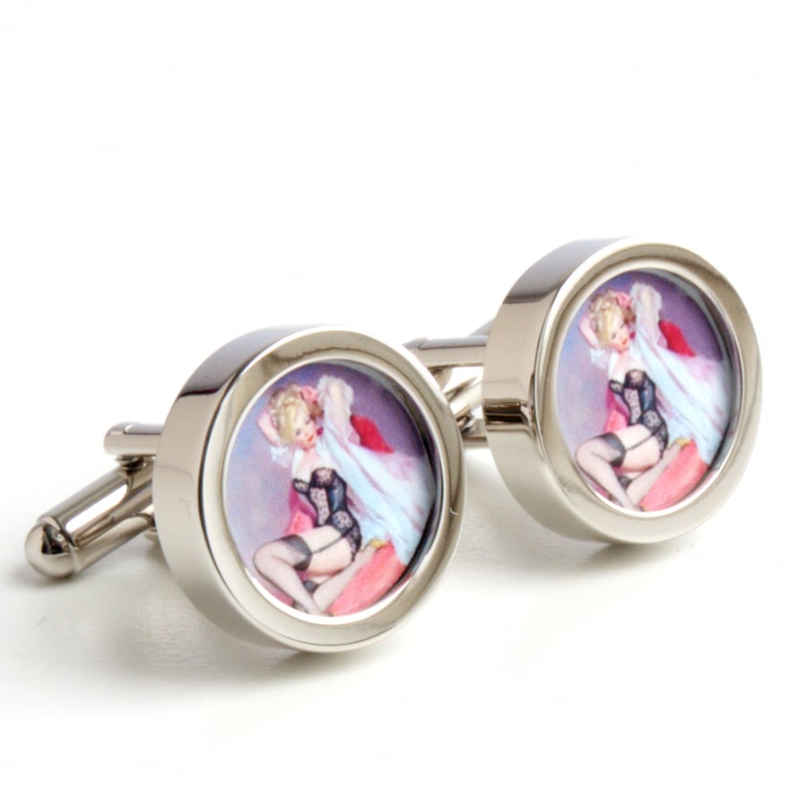 Pinup Cufflinks of a Blonde in her Undies, Vintage Style Erotic Cufflinks