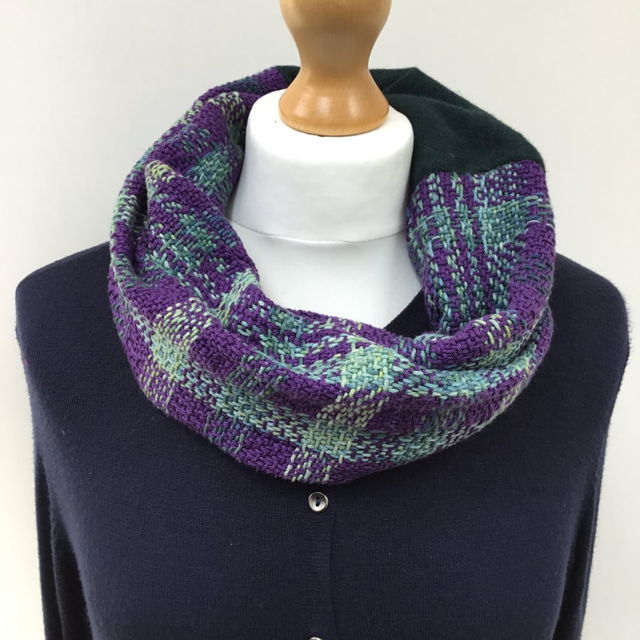 Handwoven cotton purple and green cowl scarf woven with handdyed fibres