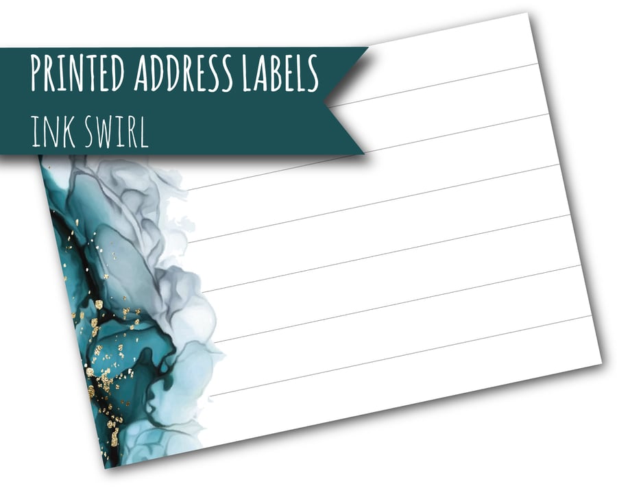Printed self-adhesive address labels, teal ink swirl