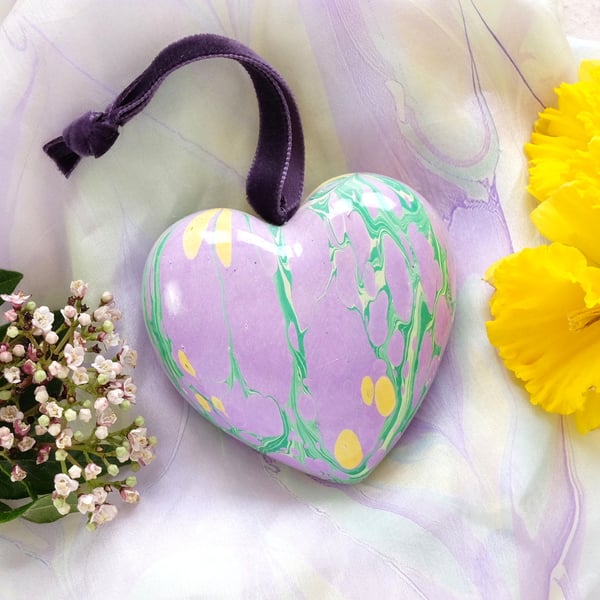 Spring coloured marbled heart hanging ceramic decoration 