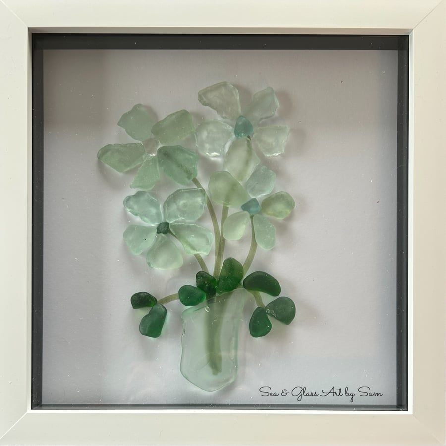Handmade Seafoam Green Sea Glass Floral Picture - Framed 8x8 Conwy Morfa Coastal