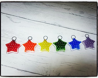 Fused Glass set of 6 Rainbow Spotty Star Decorations,tree decorations