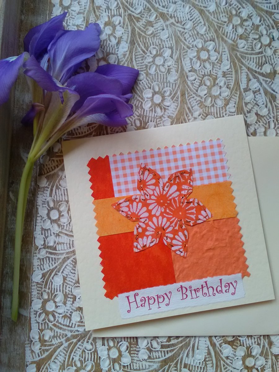 Floral Birthday Card handmade papers-orange flower