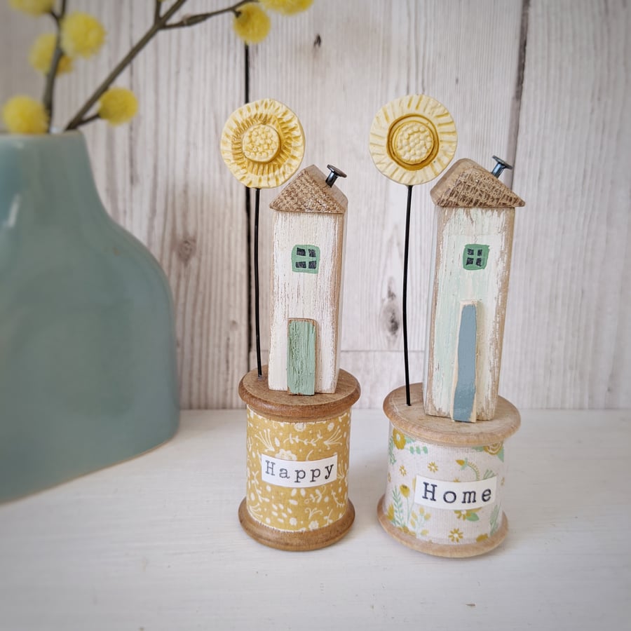 Wooden House on a Vintage Floral Bobbin with Sunshine Flower 'Happy'