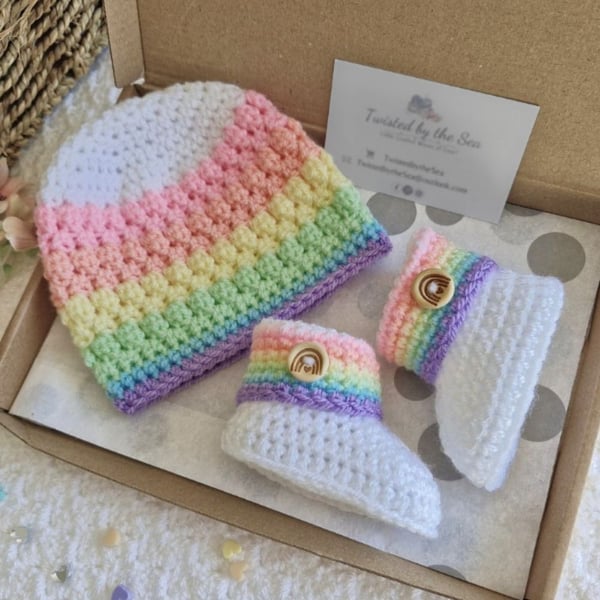 Handmade Rainbow Baby Hat and Booties Set - Crochet Baby Gift
