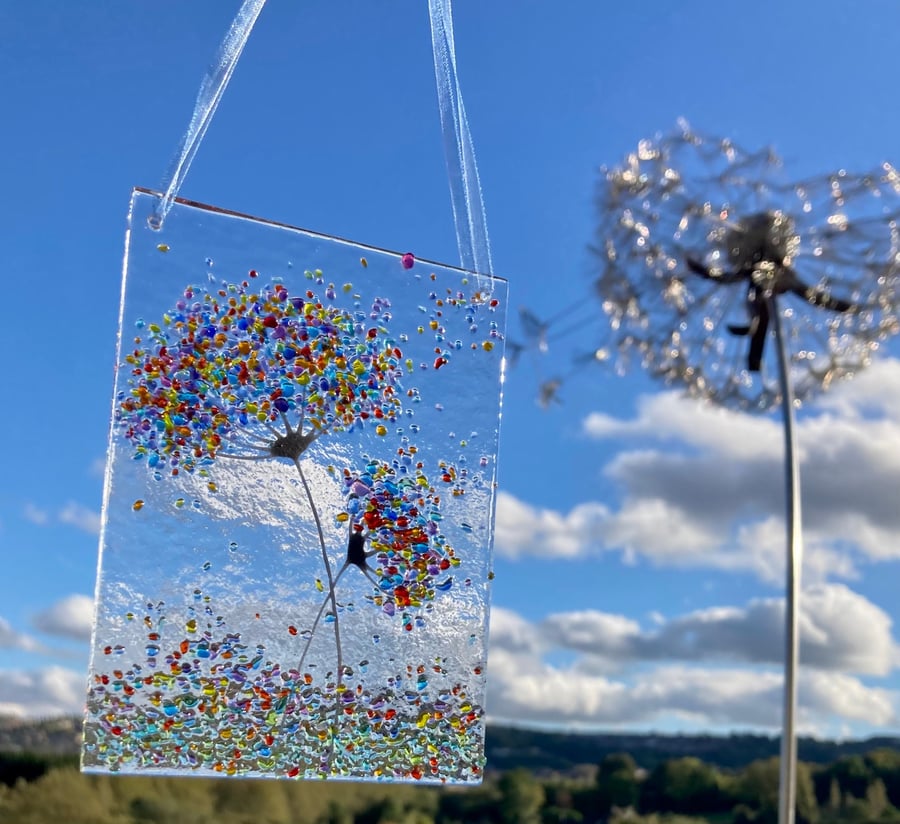 Hanging Fused glass art Blue Rainbow jewel mix whimsical Flowers Sun catcher