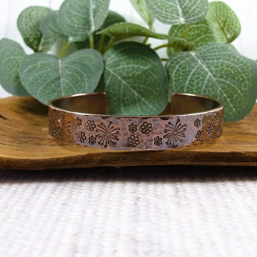 Bangle, Copper Rustic Floral Stamped Cuff - Size Large 7.5 Inch Wrist