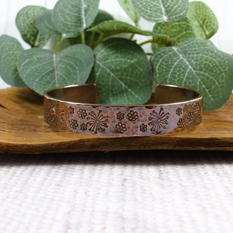 Bangle, Copper Rustic Floral Stamped Cuff - Size Large 7.5 Inch Wrist