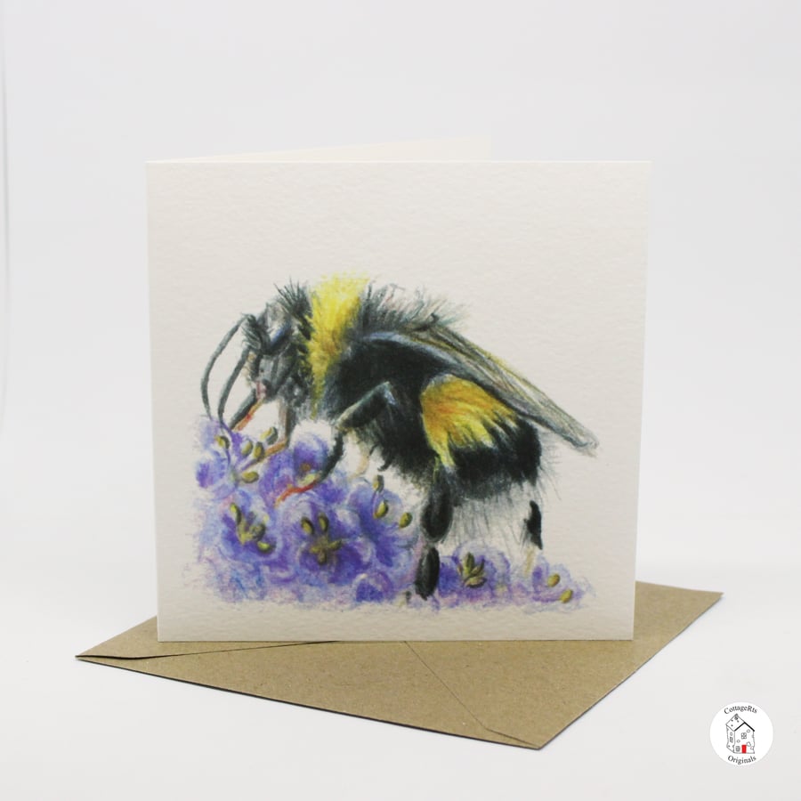 Floral Bumble Bee Coloured Pencil Hand Designed Greeting Card