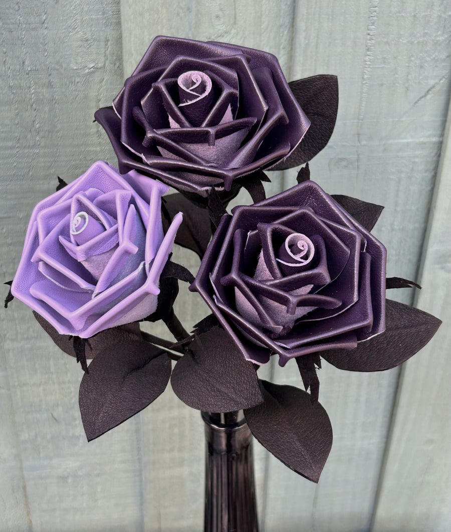 Trio of Purple & Lilac Leather Roses with Glass Vase 