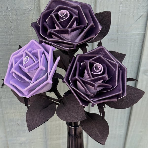 Trio of Purple & Lilac Leather Roses with Glass Vase 