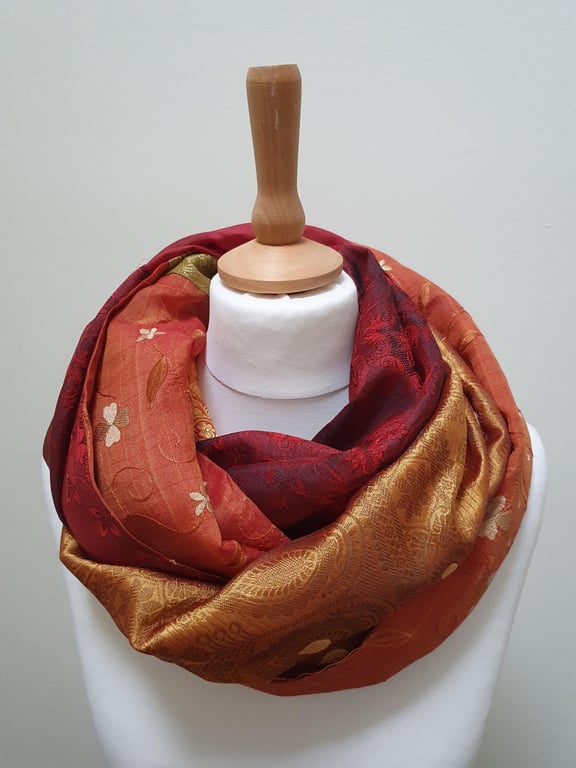 Sari silk double sided infinity scarf. Shades of burnt orange, dark red, green w