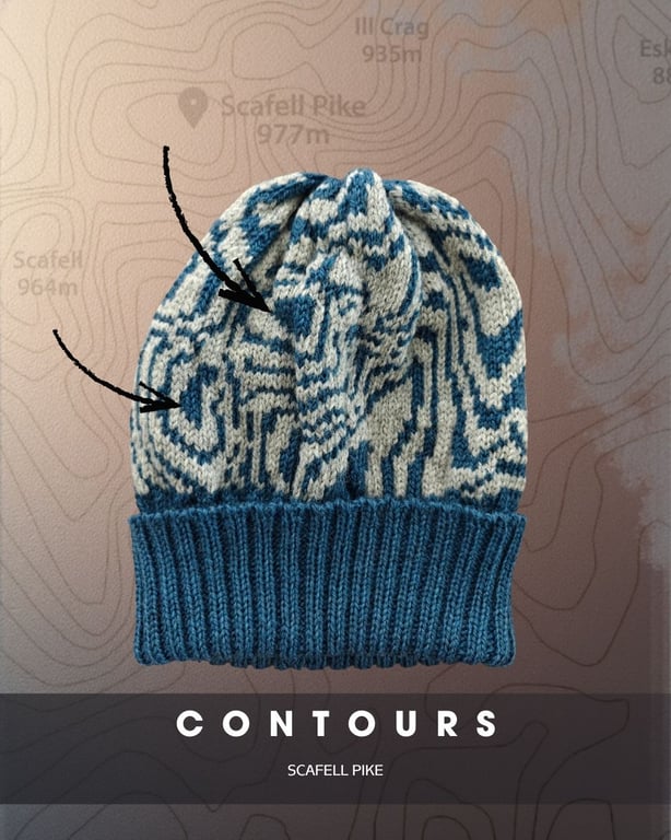 Denim Blue, Silver Grey Merino Unisex Beanie. Contours, Scafell Pike Map hat