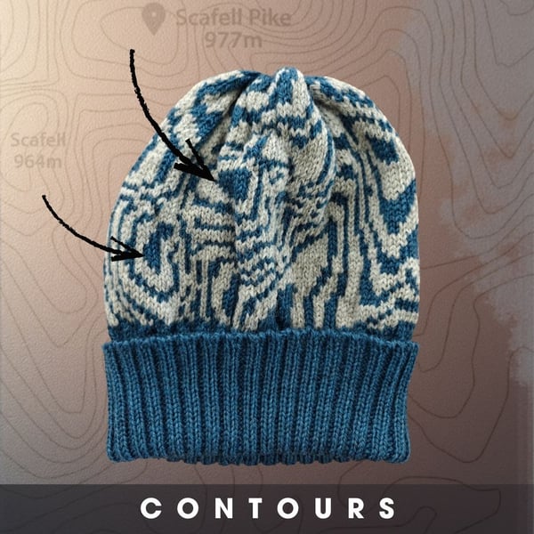 Denim Blue, Silver Grey Merino Unisex Beanie. Contours, Scafell Pike Map hat