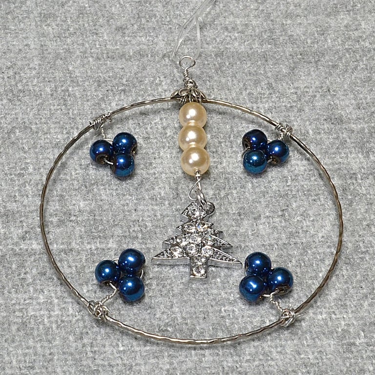 Upcycled Bangle Christmas Decoration – Blue and Pearl Glass with Sparkly Tree