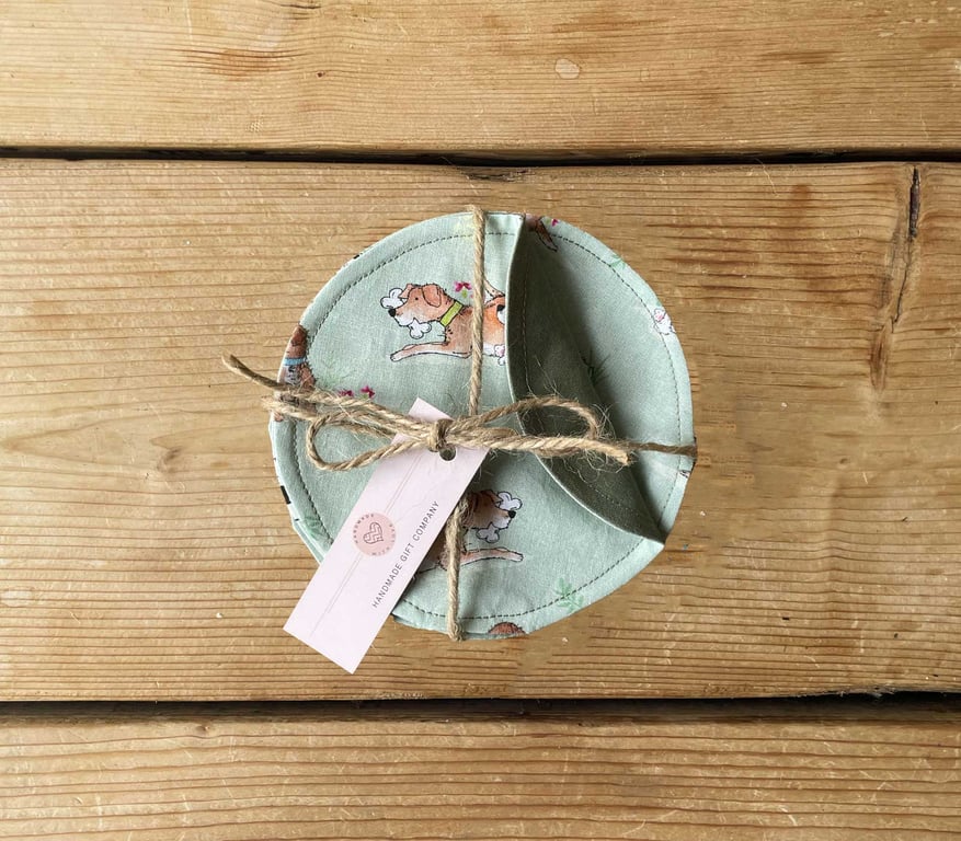 Fabric Coasters, 4 Set, Handmade Coasters, Cotton Coasters. Dog Design-COAST-17