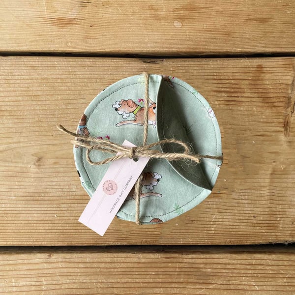 Fabric Coasters, 4 Set, Handmade Coasters, Cotton Coasters. Dog Design-COAST-17