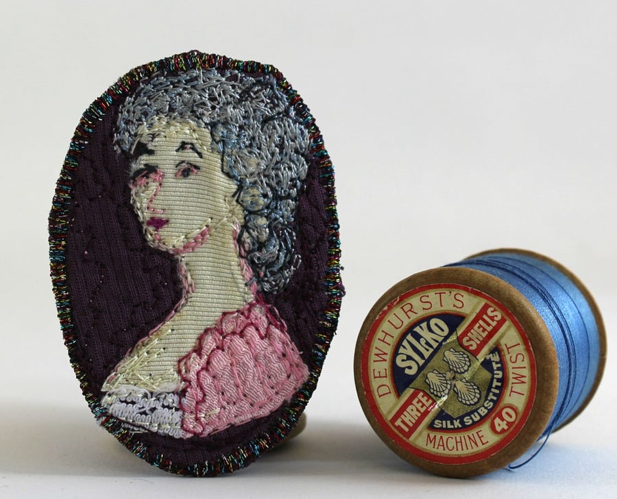 Mini Portrait Textile Art Brooch Agatha