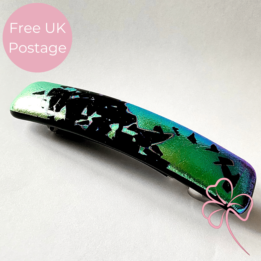 Unique Handmade Splatter Pattern Dichroic Fused Glass Hair Barrette 
