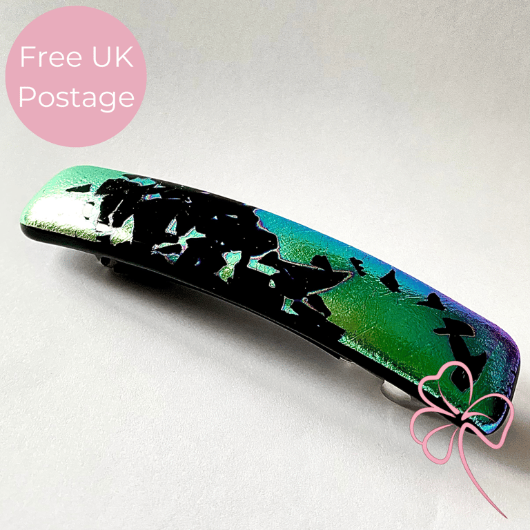 Unique Handmade Splatter Pattern Dichroic Fused Glass Hair Barrette 