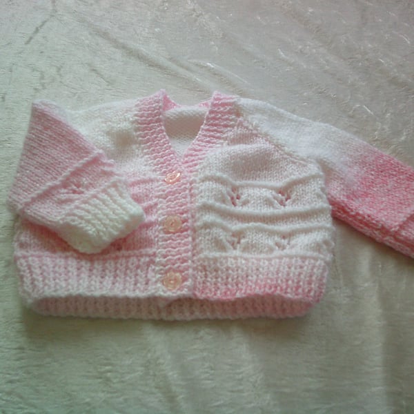 16 Inch Pink and White Random V Neck Cardigan with Lace Detail