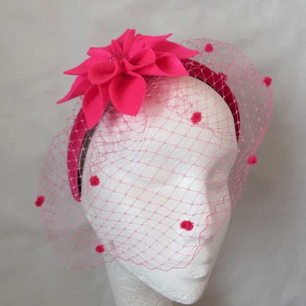 Bright Fuchsia Hot Pink Velvet Headband Retro Veil & Flower Fascinator