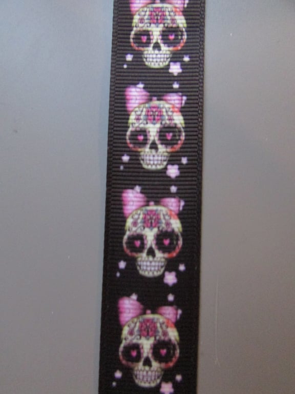 Black Gothic Sugar Skull Grosgrain Ribbon 2.2cm x 1 Metre