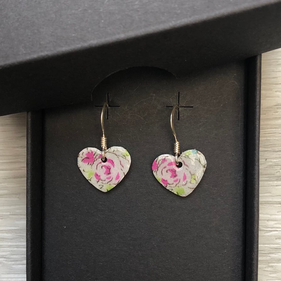 Pink flower decoupage & enamel heart charm, sterling silver earrings 