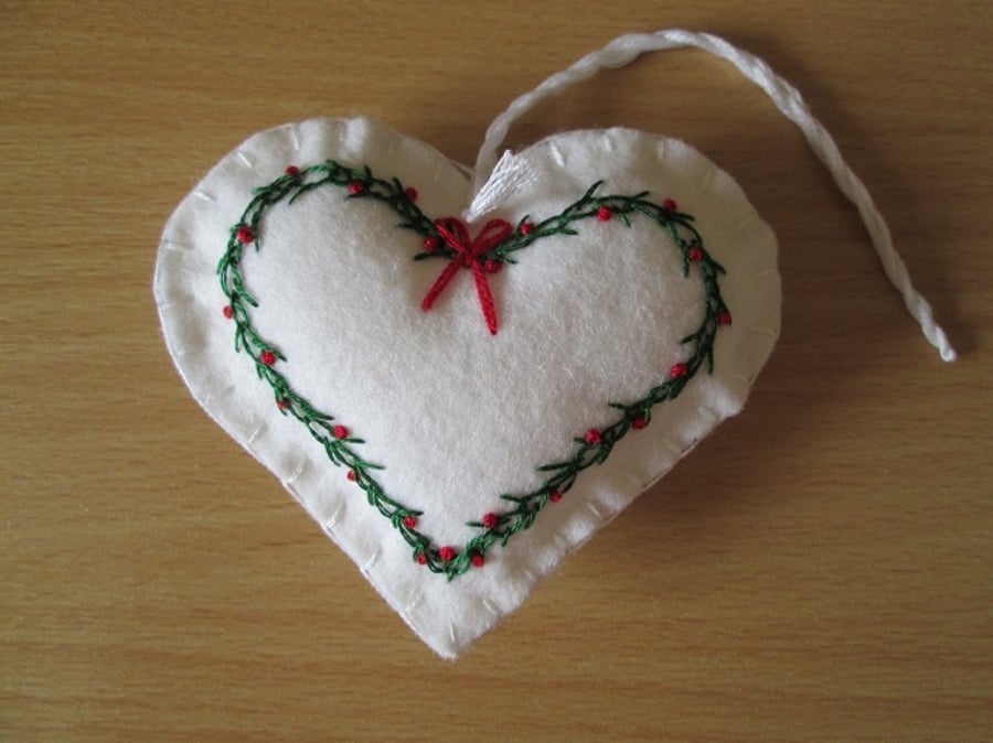 SOLD - Hand Embroidered Felt Heart Tree Decoration