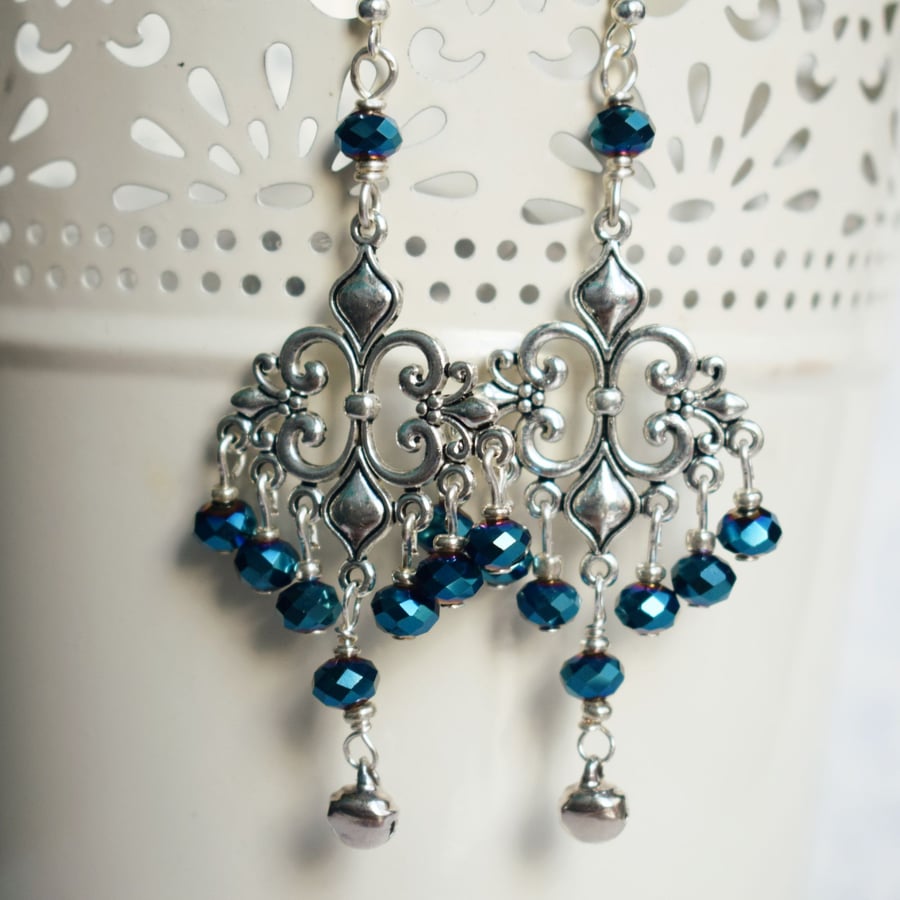 Chandelier Earrings with Electroplated Blue Glass Beads and Tiny Silver Bells
