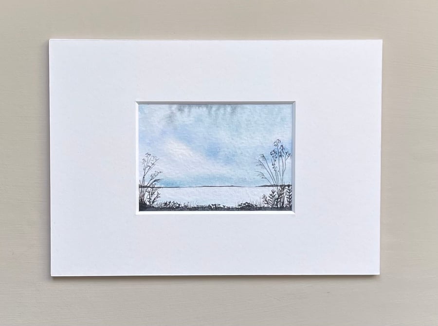 ACEO original watercolour & ink pen silhouette grasses flowers Blue