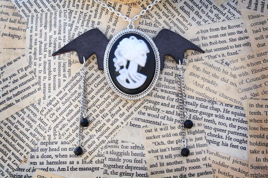 Skull Cameo Portrait Bat Goth Gothic Halloween Statement Necklace