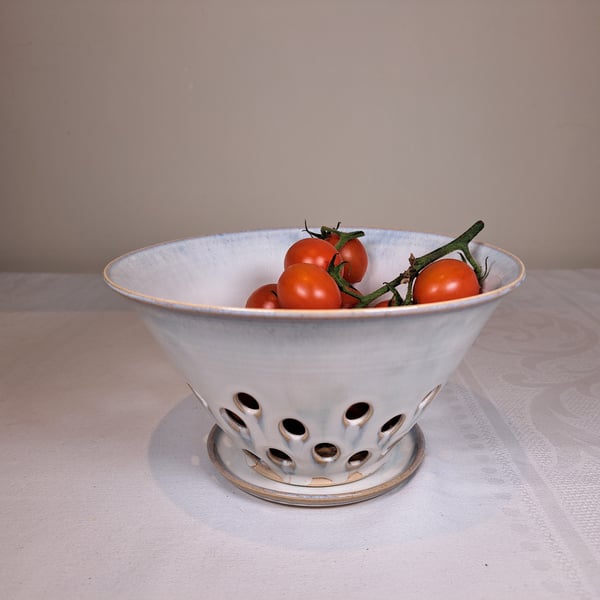 CERAMIC BERRY BOWL WITH PLATE - glazed in white, blues, greens, Christmas gift