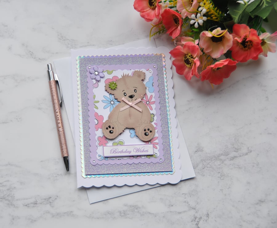 Happy Birthday Wishes Teddy Bear With Flowers 3D Luxury Handmade Card 