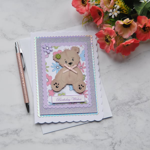 Happy Birthday Wishes Teddy Bear With Flowers 3D Luxury Handmade Card 