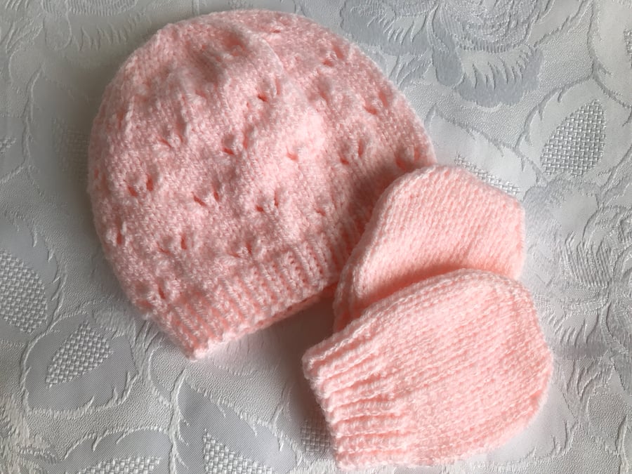 Hand Knitted Peach Baby Hat and Mittens