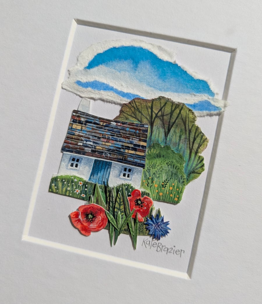 Cornflower Cottage - Original miniature collage. A5 Mounted