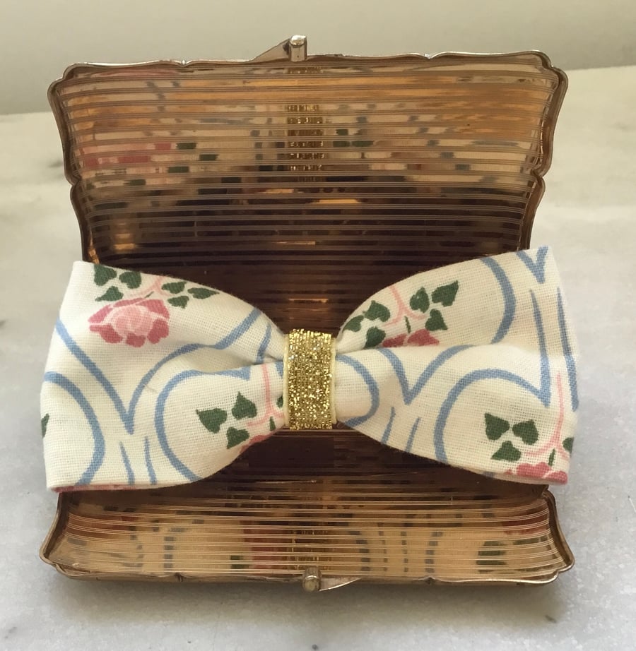 Rose print linen hair bow 