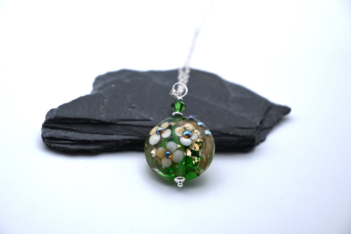 green and gold glitter lampwork glass flower pendant necklace
