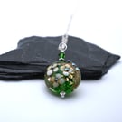 green and gold glitter lampwork glass flower pendant necklace