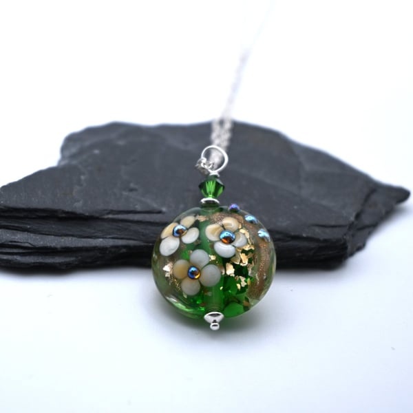 green and gold glitter lampwork glass flower pendant necklace