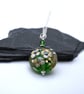 green and gold glitter lampwork glass flower pendant necklace