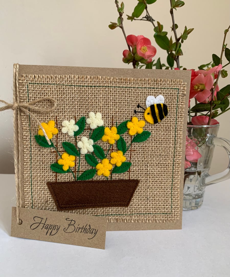 Birthday Card. Yellow and cream flowers with a bee. Wool Felt. Handmade. 