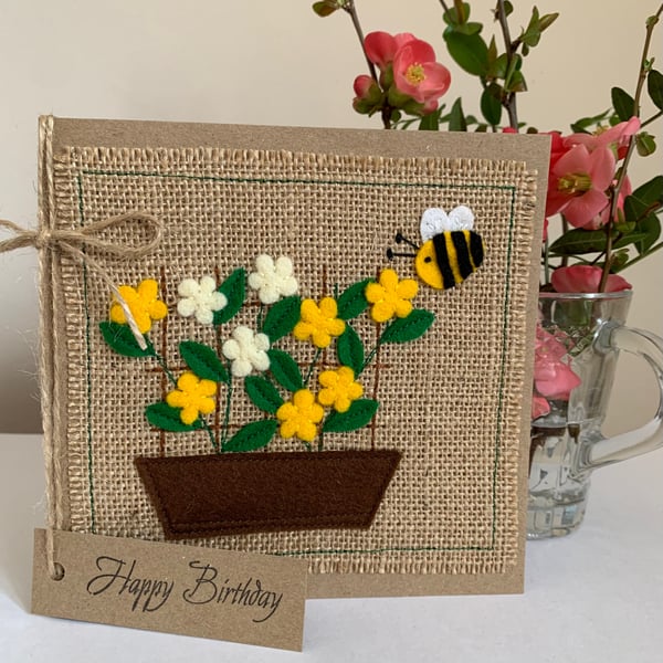 Birthday Card. Yellow and cream flowers with a bee. Wool Felt. Handmade. 
