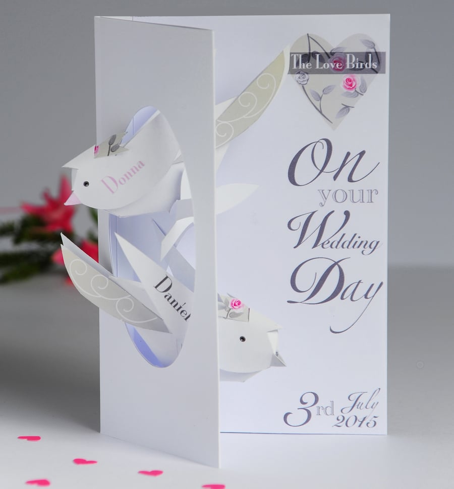 Unique Personalised Pop-up Wedding Card with Two Love birds.