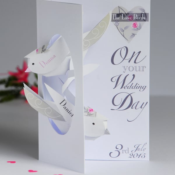 Unique Personalised Pop-up Wedding Card with Two Love birds.